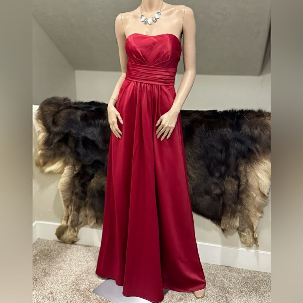 Burgundy Elegant Strapless Soft Satin Maxi Dress